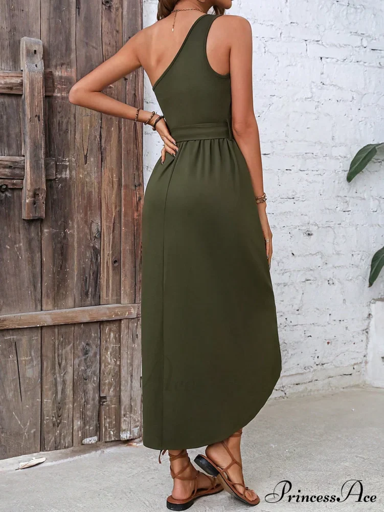 One Shoulder Wrap Hem Belted Dress - Image 2