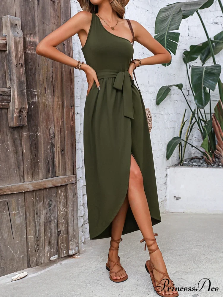 One Shoulder Wrap Hem Belted Dress - Image 5