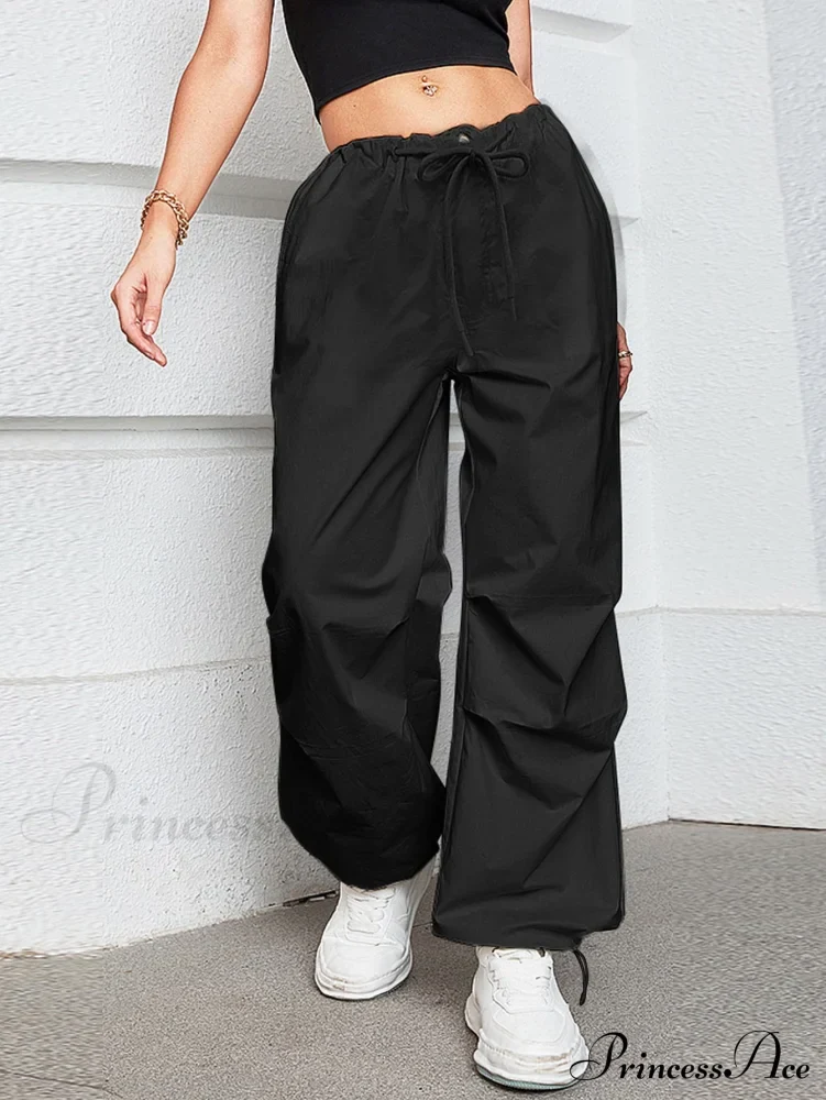 Oversized Drawstring Low Waist Slant Pocket Cargo Parachute Pants - Image 3