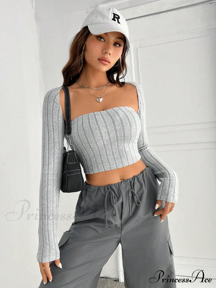 Solid Ribbed Knit Crop Tube Top & Bolero - Image 6
