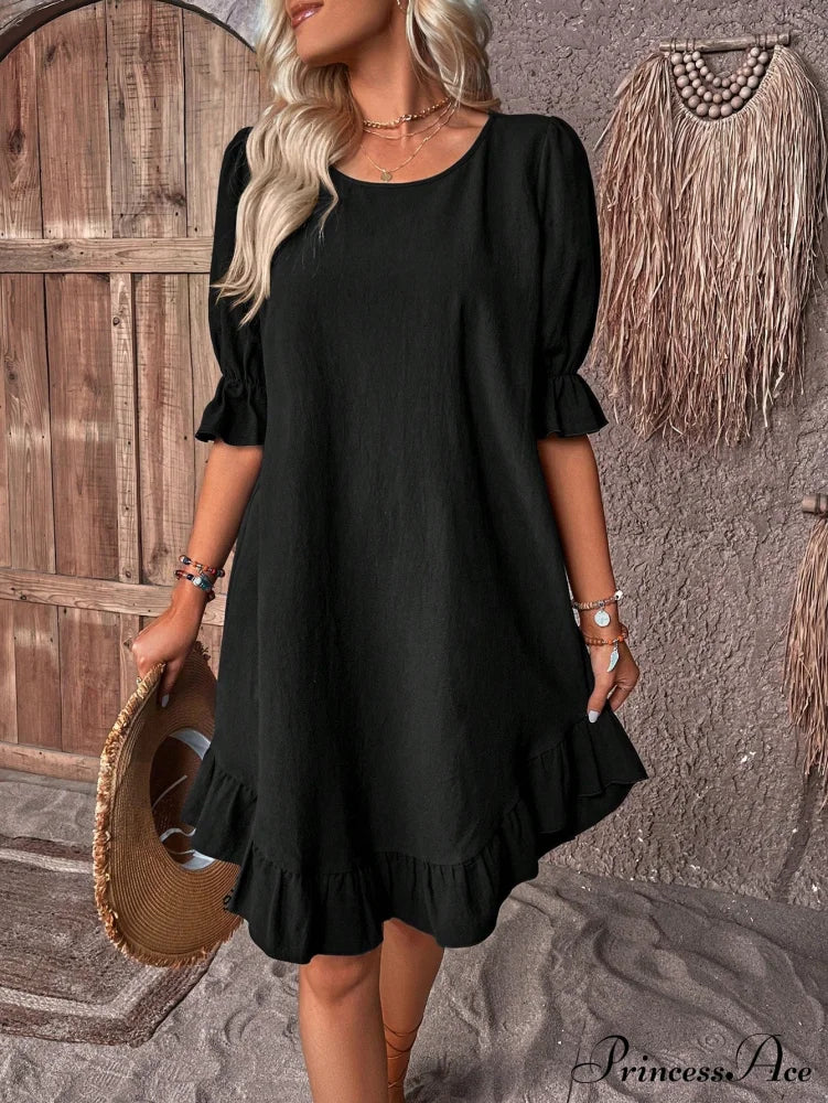 Solid Ruffle Hem Smock Dress