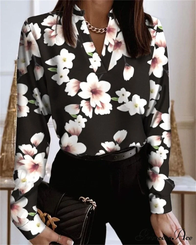 Office Lady Chain Printed Pullover Blouse - Image 15