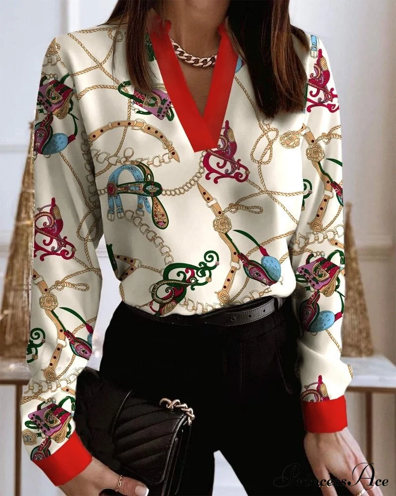 Office Lady Chain Printed Pullover Blouse - Image 17