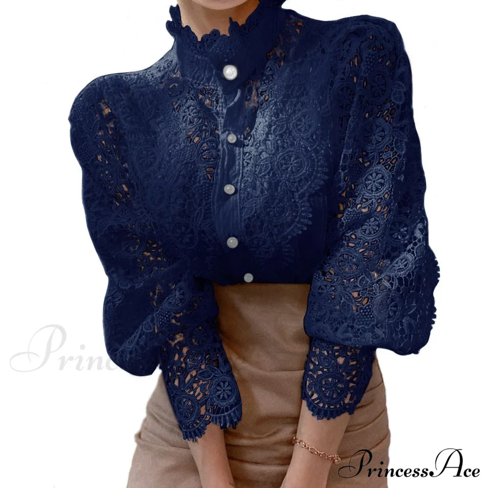 Solid Button Stand Collar Plus Size Blouse - Image 13