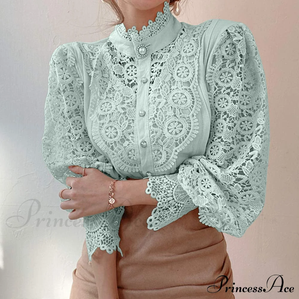 Solid Button Stand Collar Plus Size Blouse - Image 14