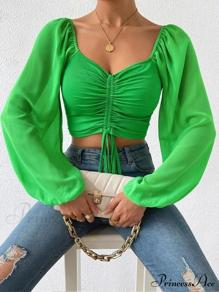 Lantern Sleeve V-Neck Fashion Blouses - Image 6