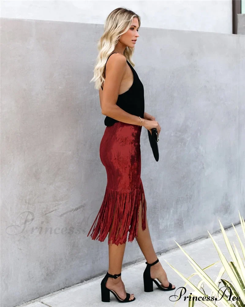 Sequin Tassel Tight Midi Skirt - Image 19