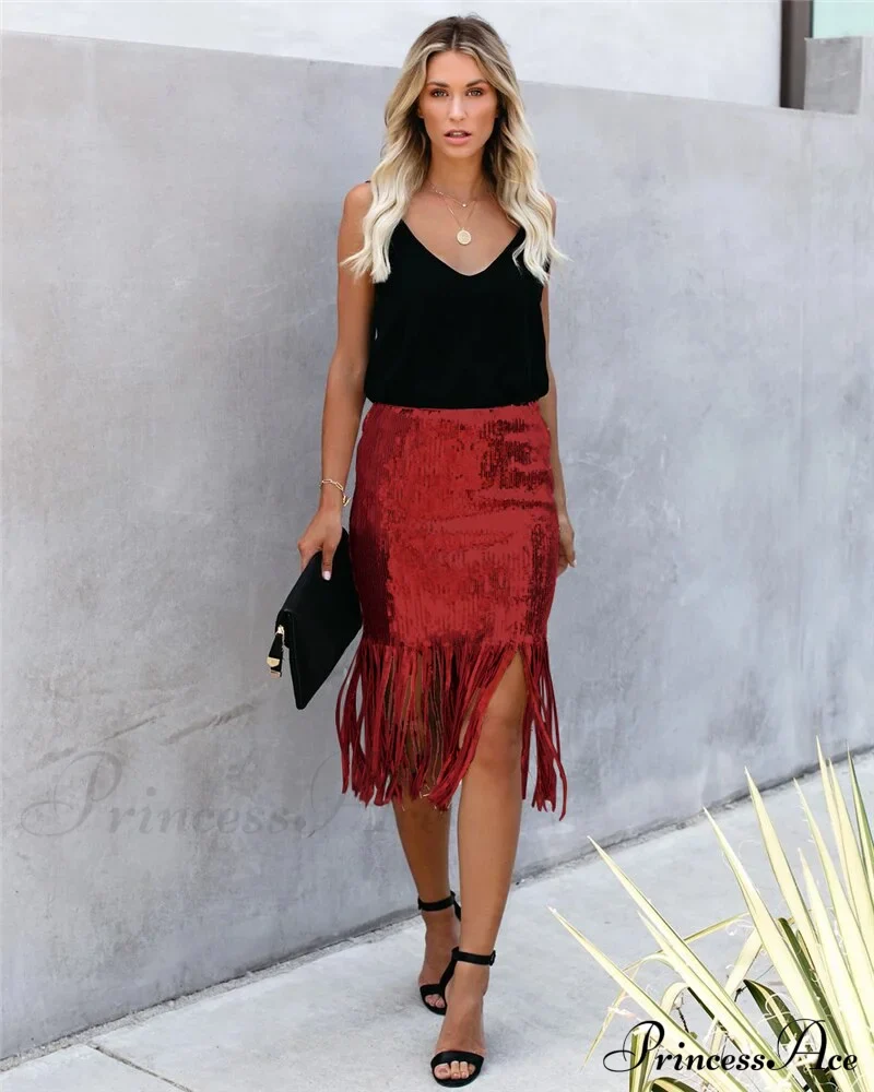 Sequin Tassel Tight Midi Skirt - Image 3