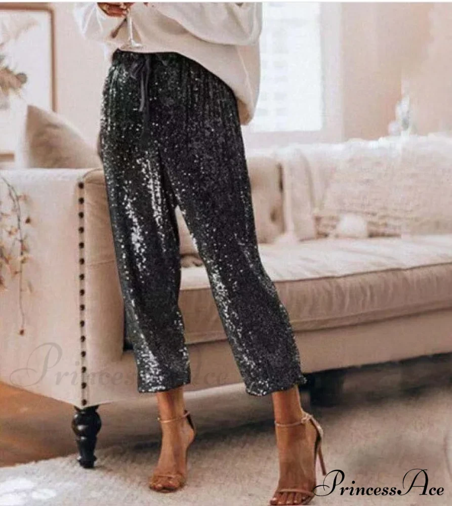 Sequin Shiny Wide Beam Leg Pants - Image 6