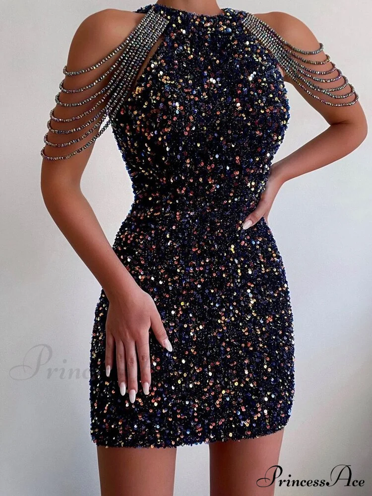 Sleeveless Off Shoulder Skinny High Waist Halter Chain Sequin Dress - Image 12