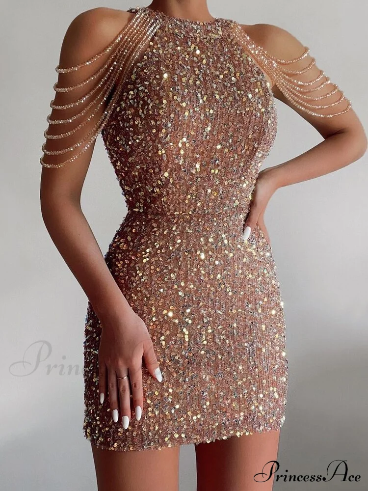 Sleeveless Off Shoulder Skinny High Waist Halter Chain Sequin Dress - Image 13