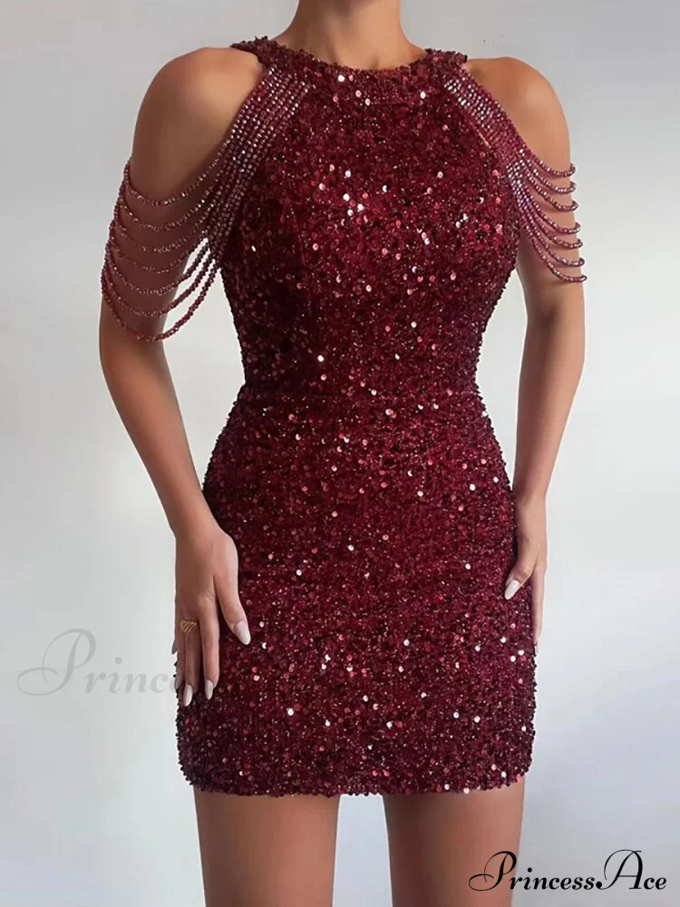 Sleeveless Off Shoulder Skinny High Waist Halter Chain Sequin Dress - Image 14