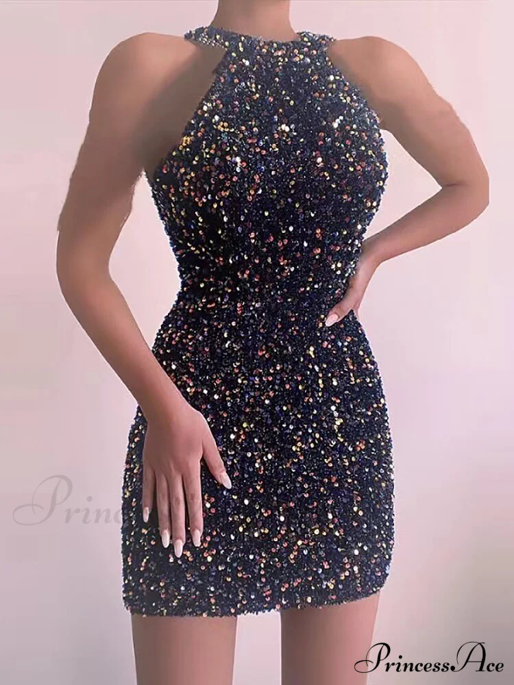 Sleeveless Off Shoulder Skinny High Waist Halter Chain Sequin Dress - Image 17