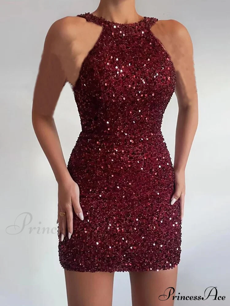 Sleeveless Off Shoulder Skinny High Waist Halter Chain Sequin Dress - Image 19