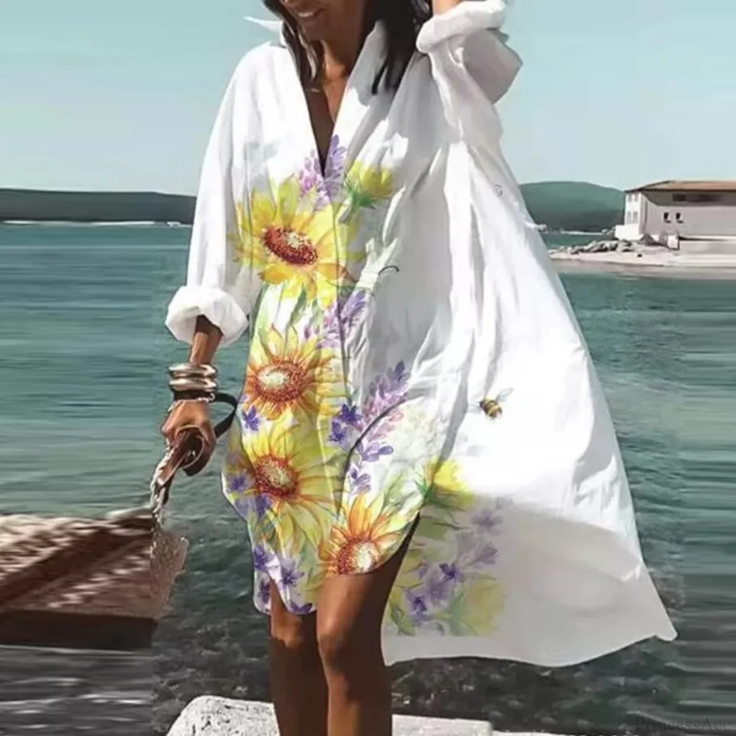 Print V-neck Loose Dress - Image 16