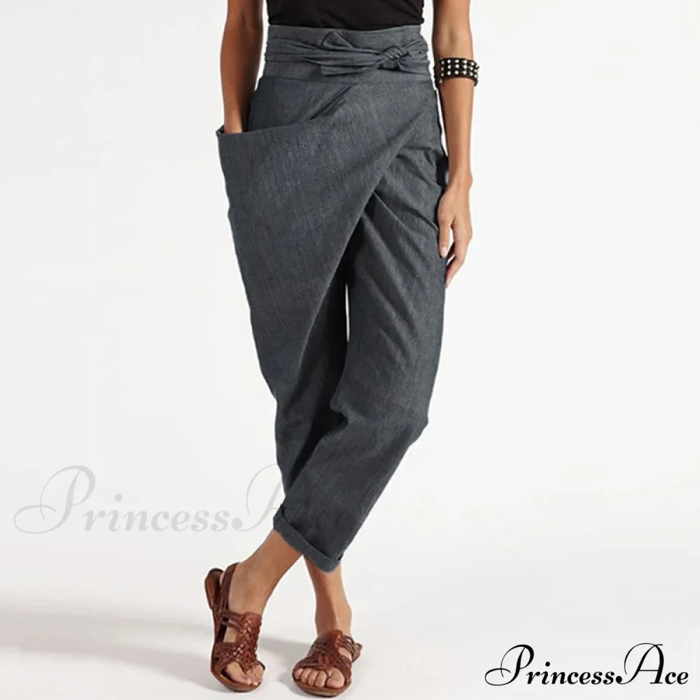 Irregular Lacing Cropped Casual Solid Color Trousers - Image 6