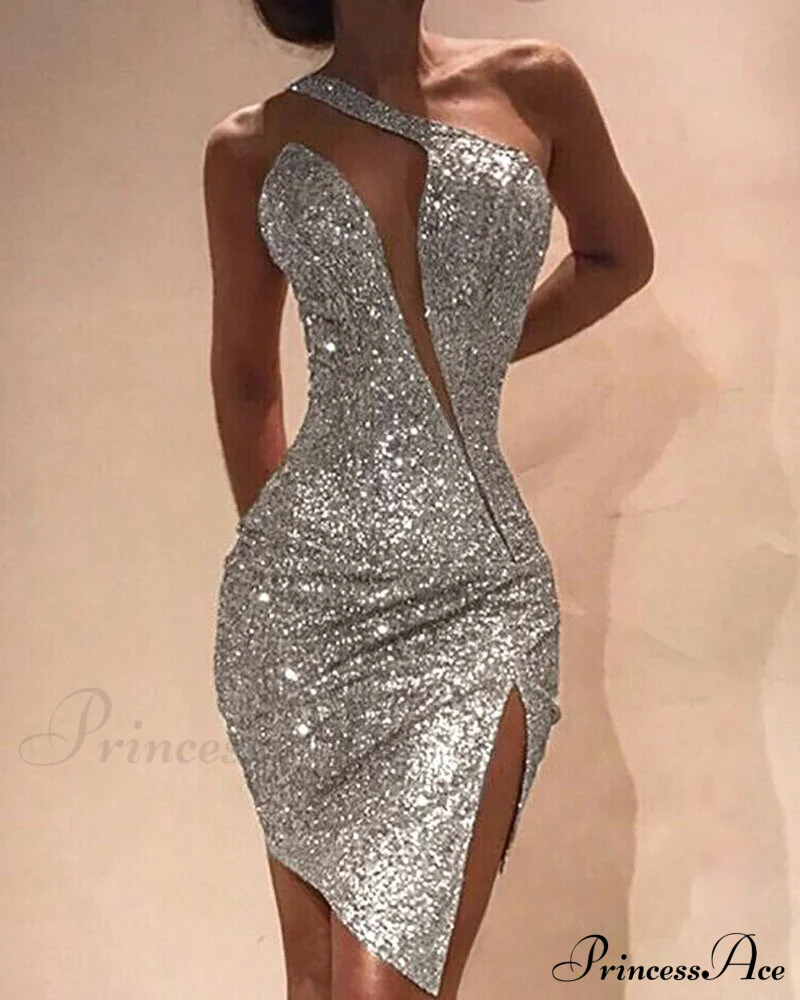 Deep V-Neck Sequined Backless Slit Mini Dress - Image 3