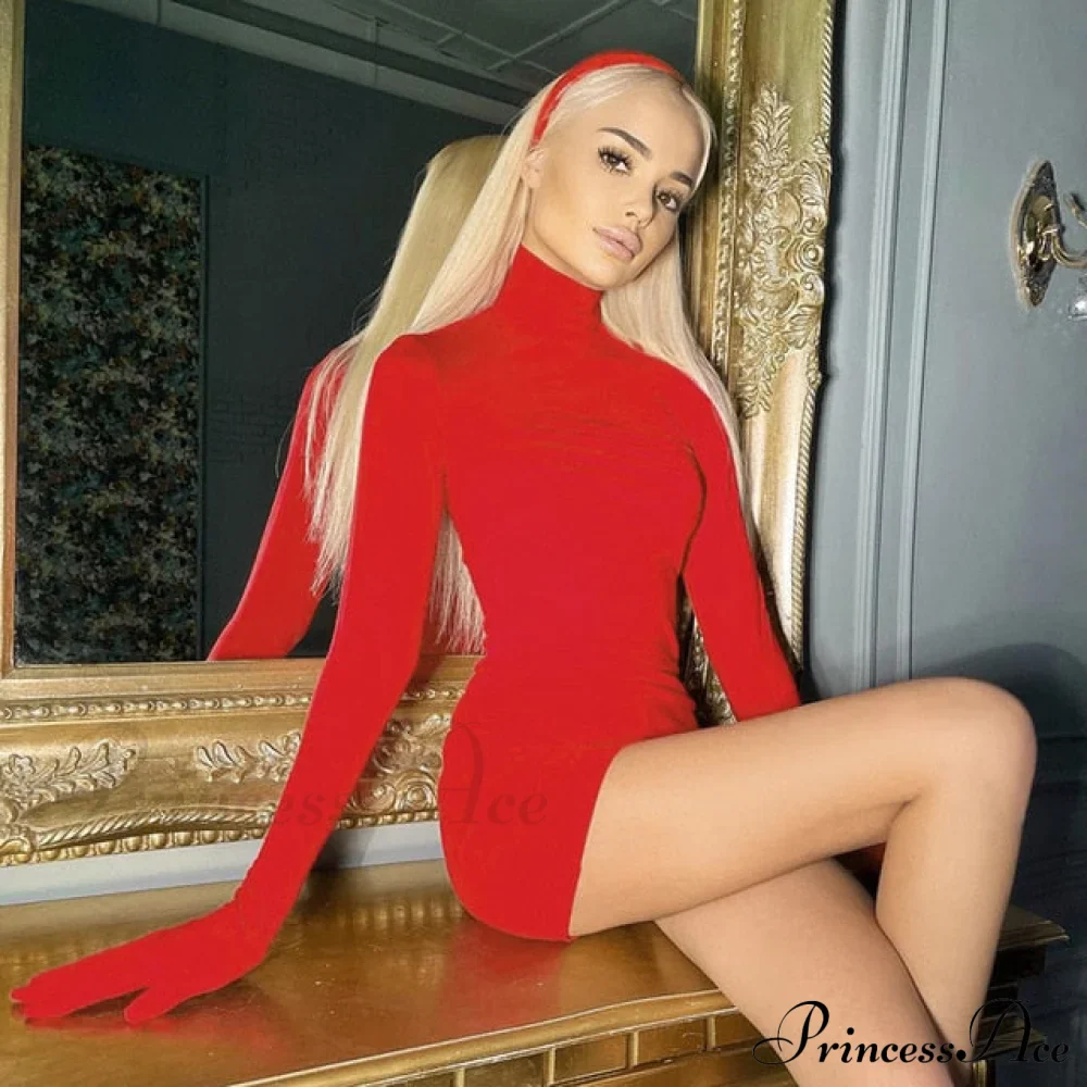 Elegant Red Long Sleeve Gloves Bodycon Dresses - Image 3