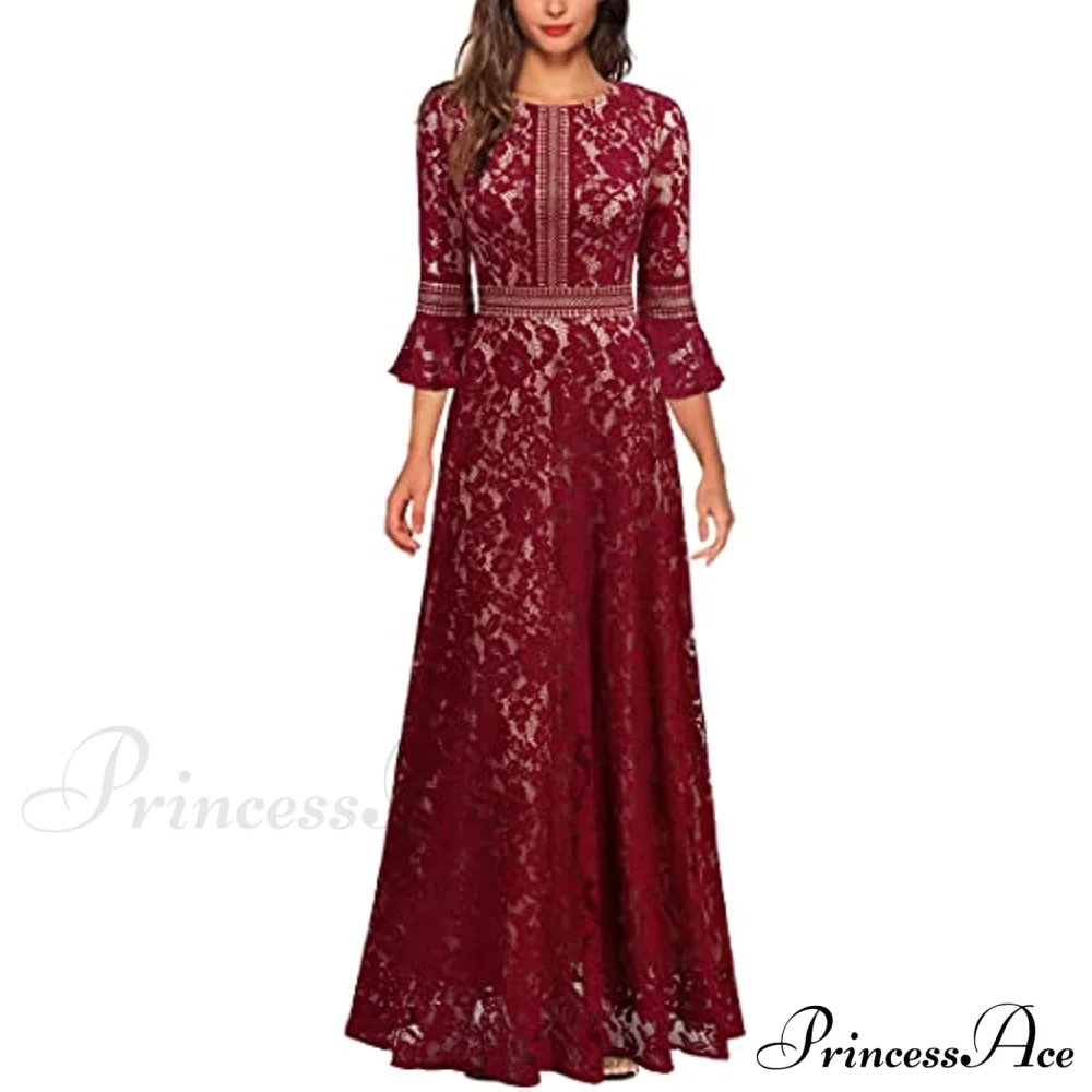 Vintage Full Lace Contrast Bell Sleeve Formal Long Dress