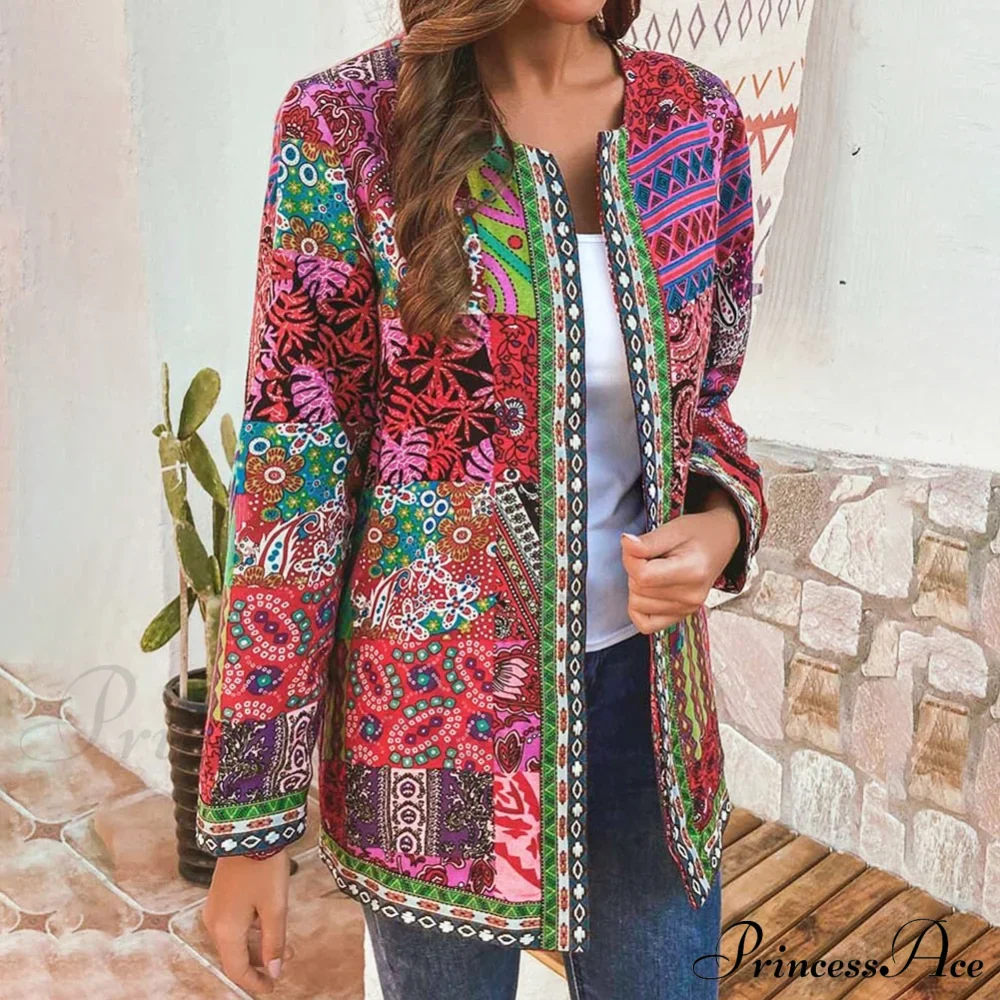 Ethnic Floral Print Long Sleeve Loose Coat Cardigan Chic Outerwear - Image 2