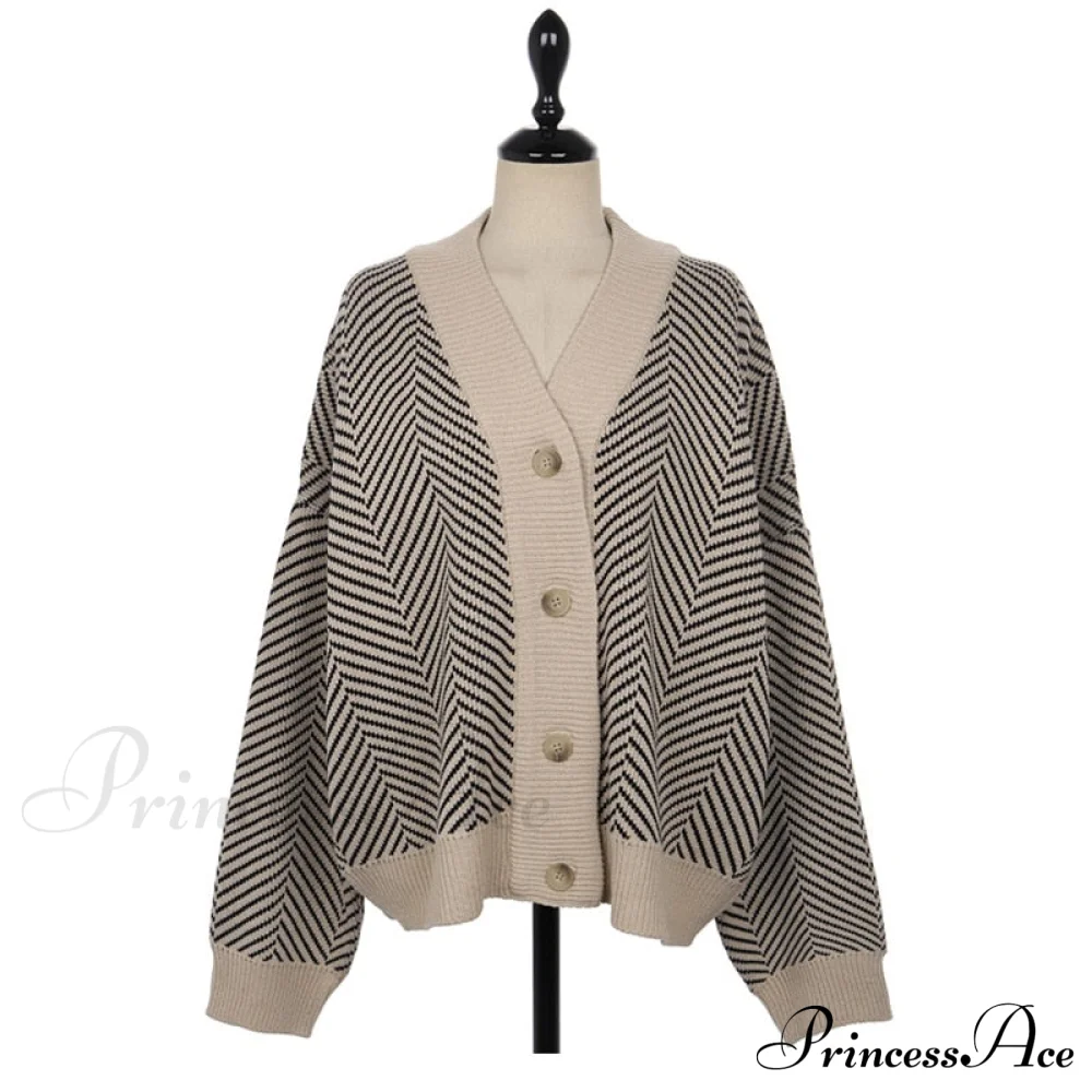Casual Knitted Cardigan Oversize Button Front Contrast Stripe Cardigan - Image 9