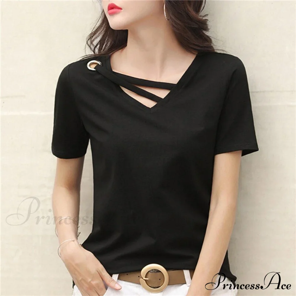 Casual Solid Color Short Sleeve V Neck T-shirt - Image 13