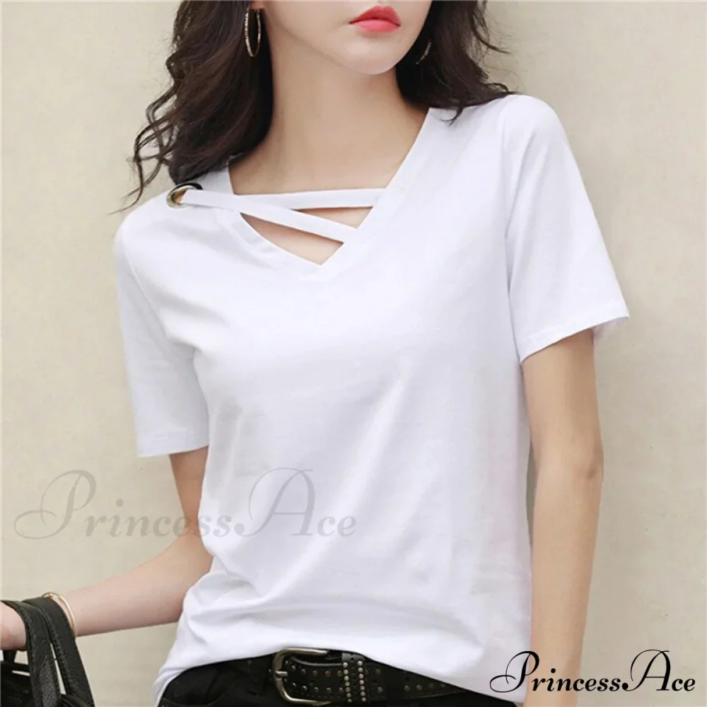 Casual Solid Color Short Sleeve V Neck T-shirt - Image 14