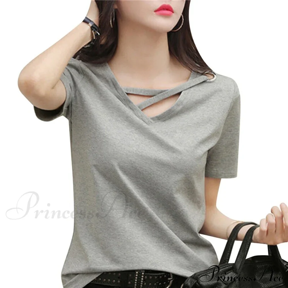Casual Solid Color Short Sleeve V Neck T-shirt - Image 15