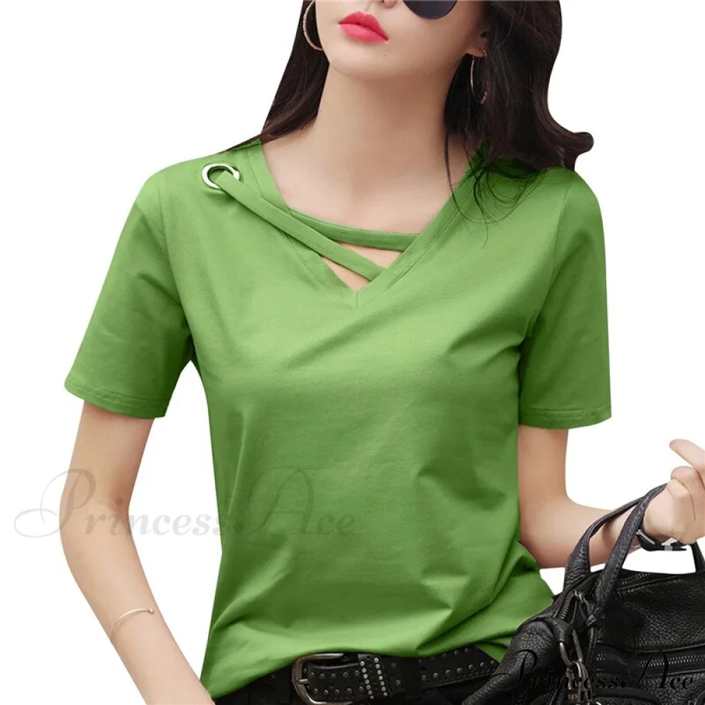 Casual Solid Color Short Sleeve V Neck T-shirt - Image 16