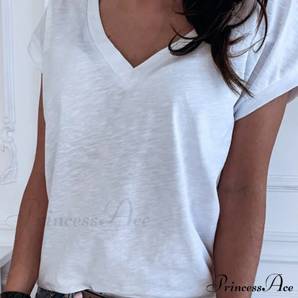 Casual Solid Color Short Sleeve V Neck T-shirt - Image 3