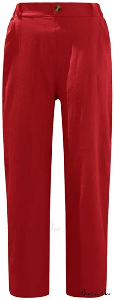 Linen Buttons Cropped Pants High Elastic Waist Stretch Capris - Image 3