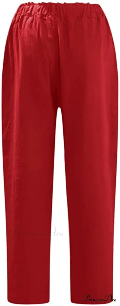 Linen Buttons Cropped Pants High Elastic Waist Stretch Capris - Image 4