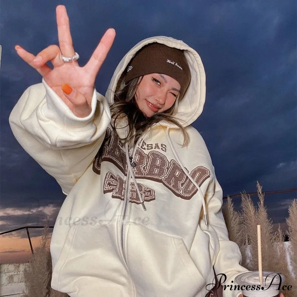Letter Embroidery Vintage Loose Zipper Hoodies - Image 13