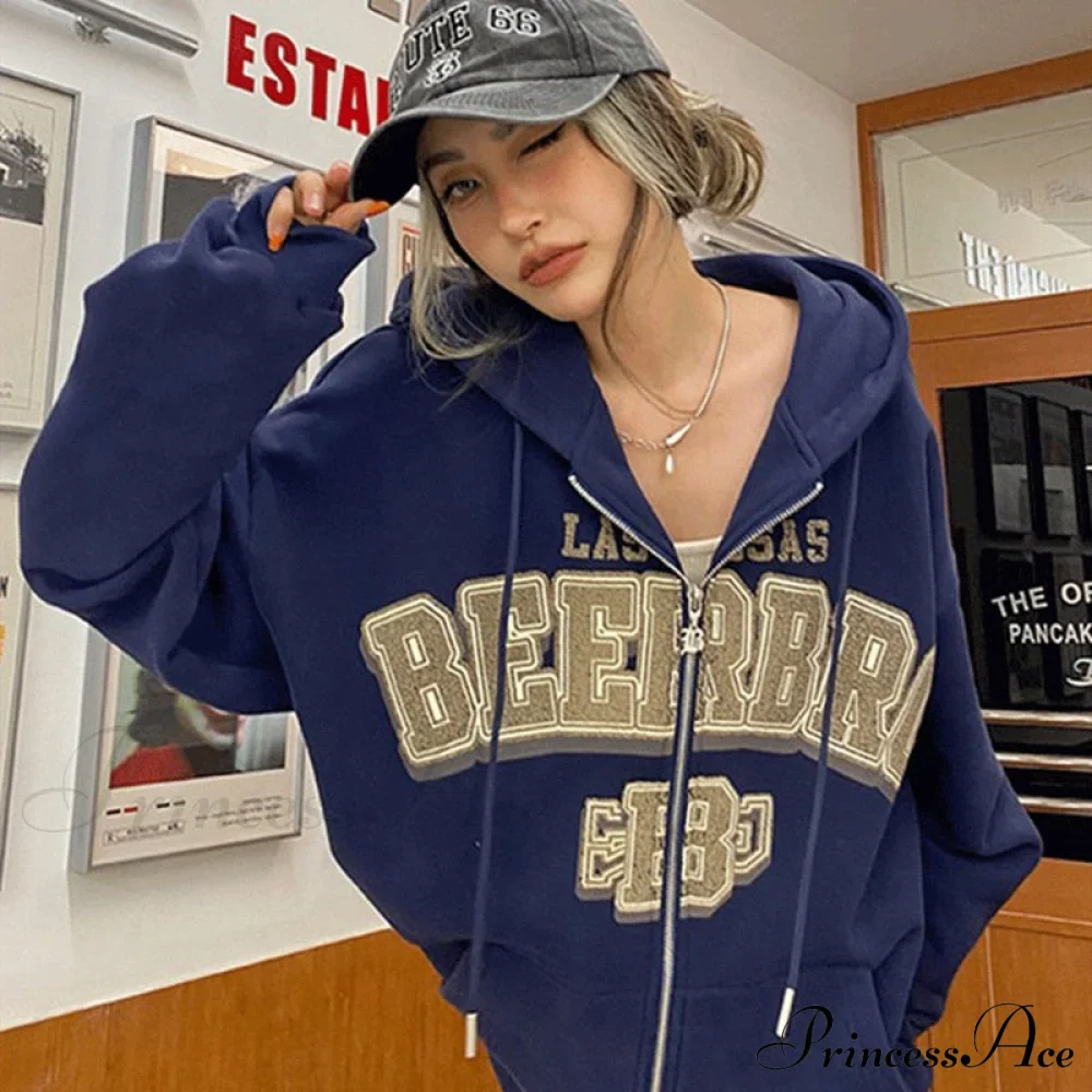 Letter Embroidery Vintage Loose Zipper Hoodies - Image 15