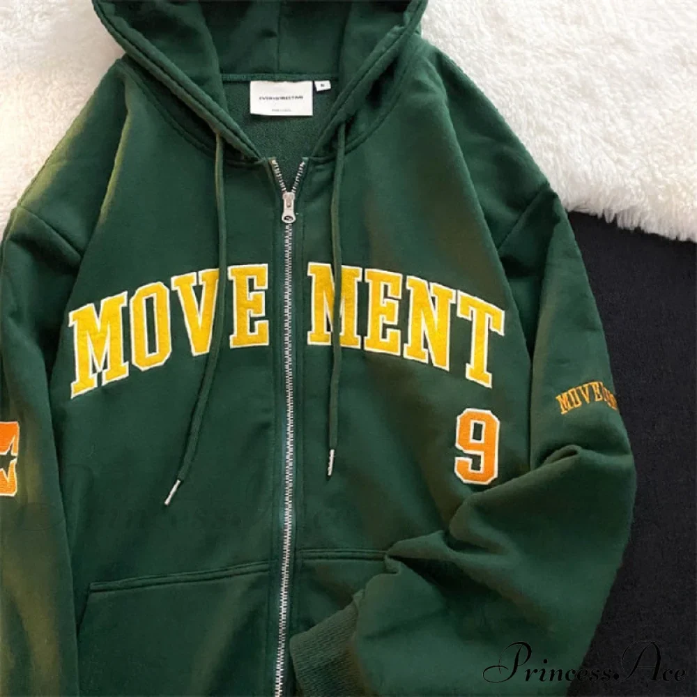 Letter Embroidery Vintage Loose Zipper Hoodies - Image 16
