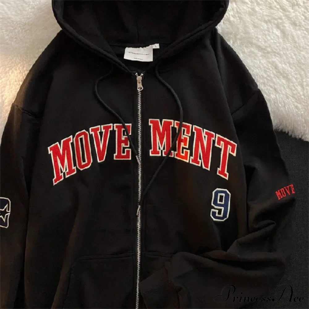 Letter Embroidery Vintage Loose Zipper Hoodies - Image 18