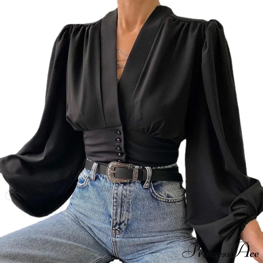 V-neck Lantern Sleeve Patchwork Printing Blouse - Image 4