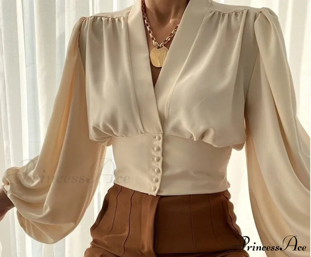 V-neck Lantern Sleeve Patchwork Printing Blouse - Image 5