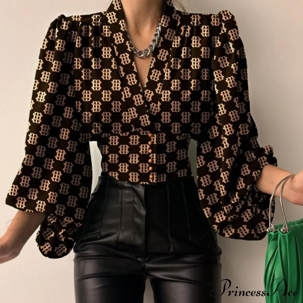 V-neck Lantern Sleeve Patchwork Printing Blouse - Image 7