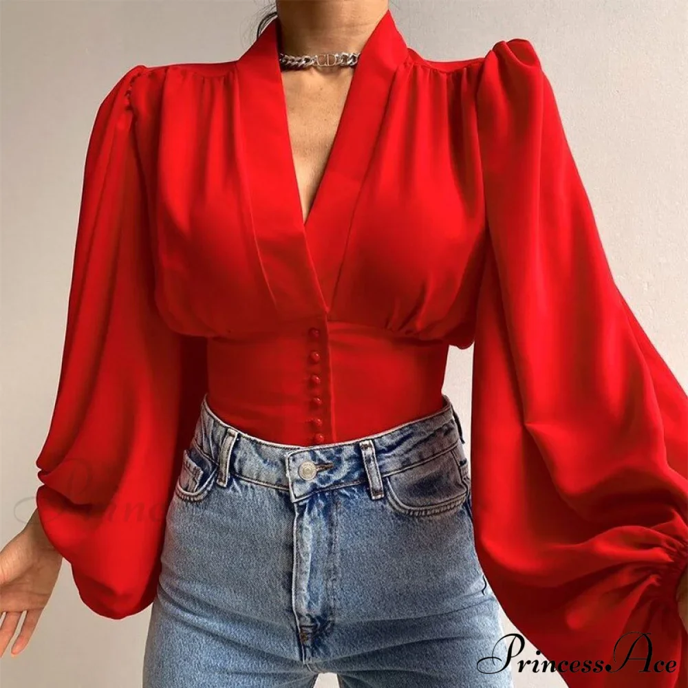 V-neck Lantern Sleeve Patchwork Printing Blouse - Image 9