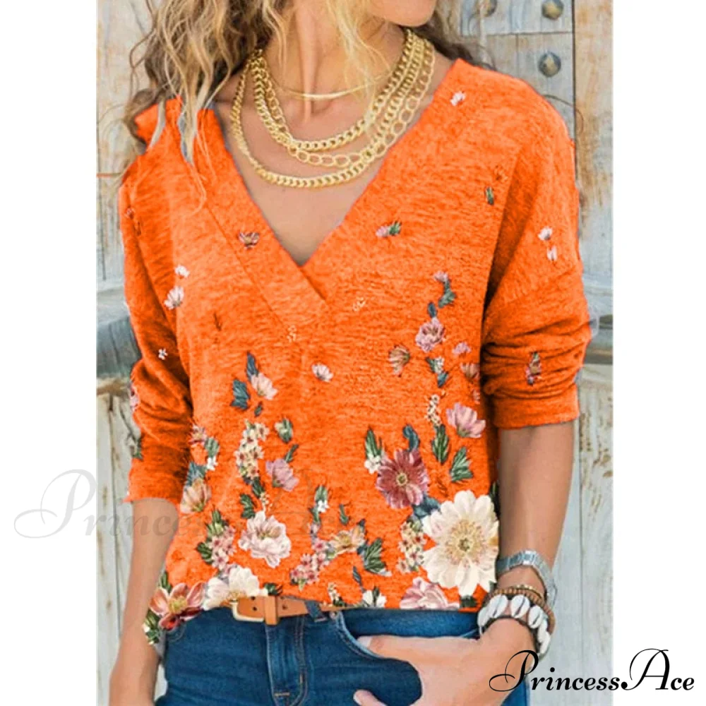 V-neck Flower Print Long-sleeved T-shirt - Image 10