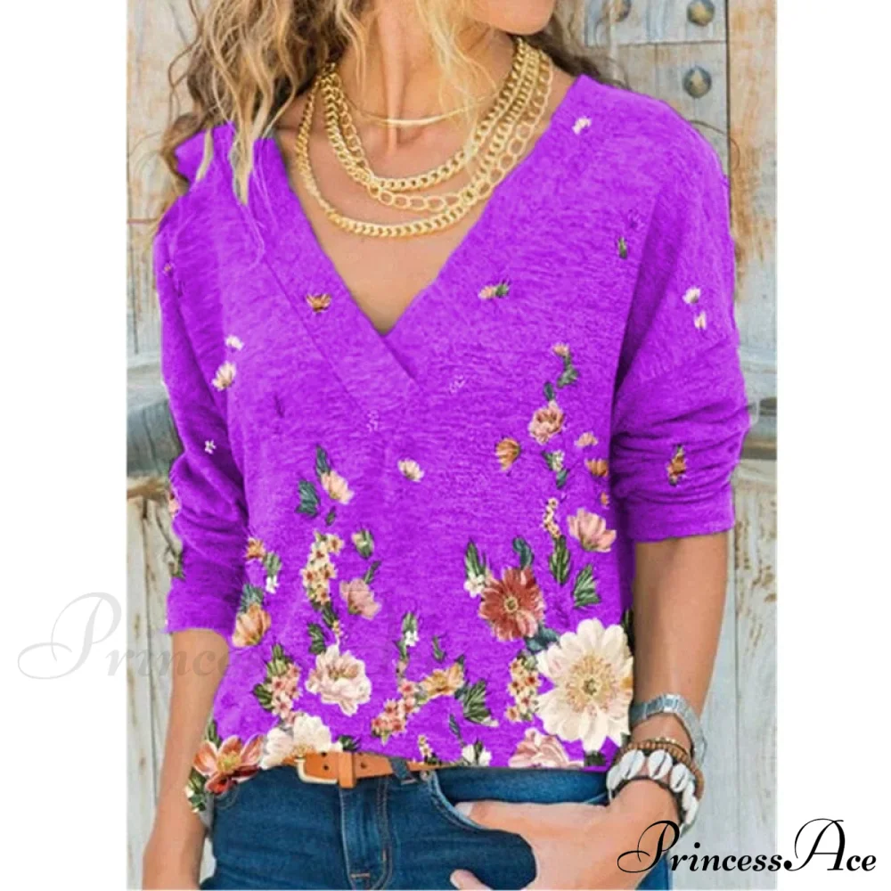 V-neck Flower Print Long-sleeved T-shirt - Image 11