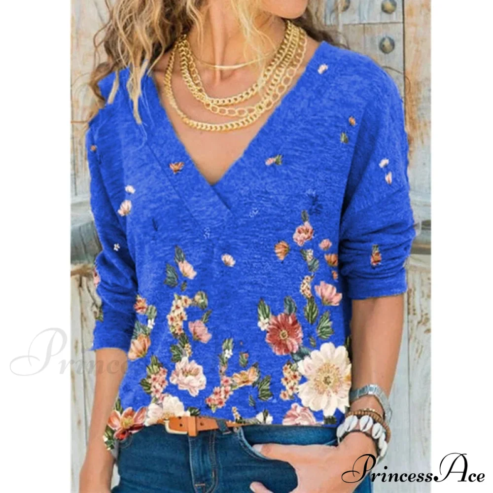 V-neck Flower Print Long-sleeved T-shirt - Image 7