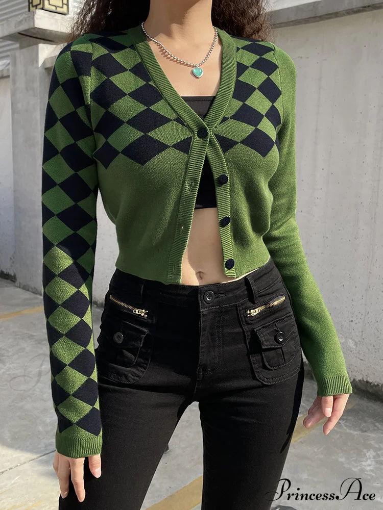 Fashion Plaid Green Cropped Knitted Cardigan - Image 2