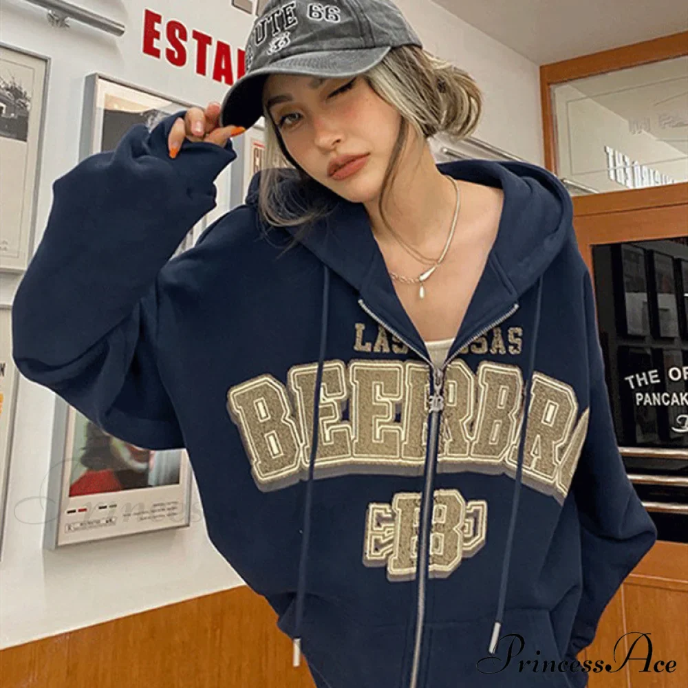 Retro Letter Print Baggy Hoody Jacket - Image 17