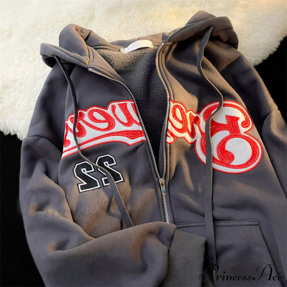 Retro Letter Print Baggy Hoody Jacket - Image 8