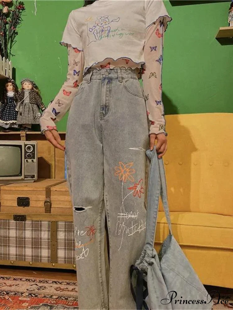 Letter Flower Print Ripped Jeans - Image 3
