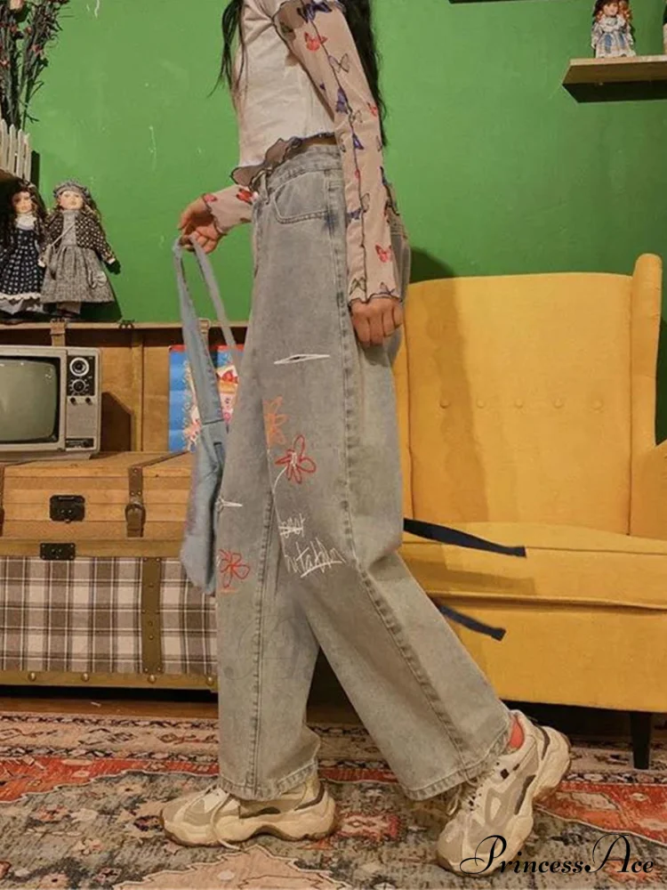 Letter Flower Print Ripped Jeans - Image 5