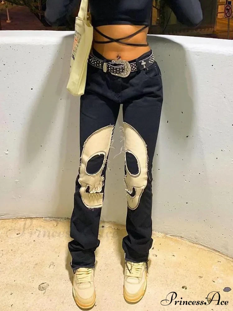 Gothic Skeleton Print Y2K Black Jeans