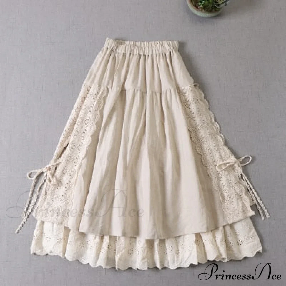 Sweet Japan Style Mori Lace Stitched Linen Skirt - Image 3